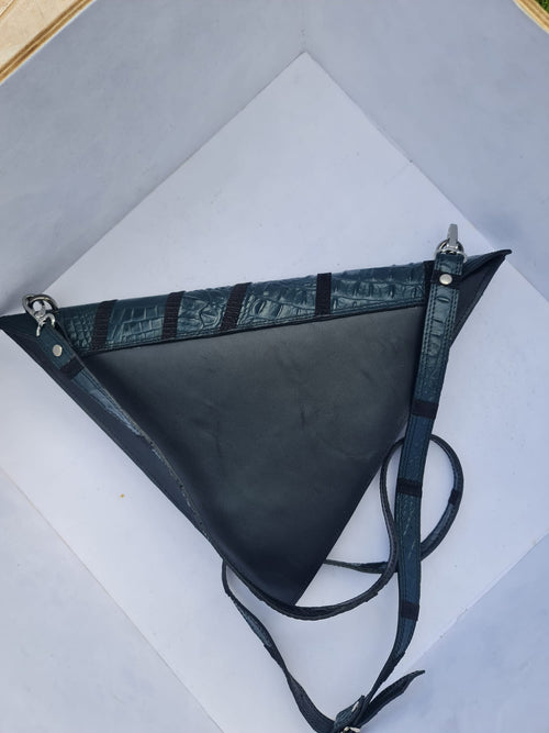 Geanta Tria din piele naturala-model geometric handmade